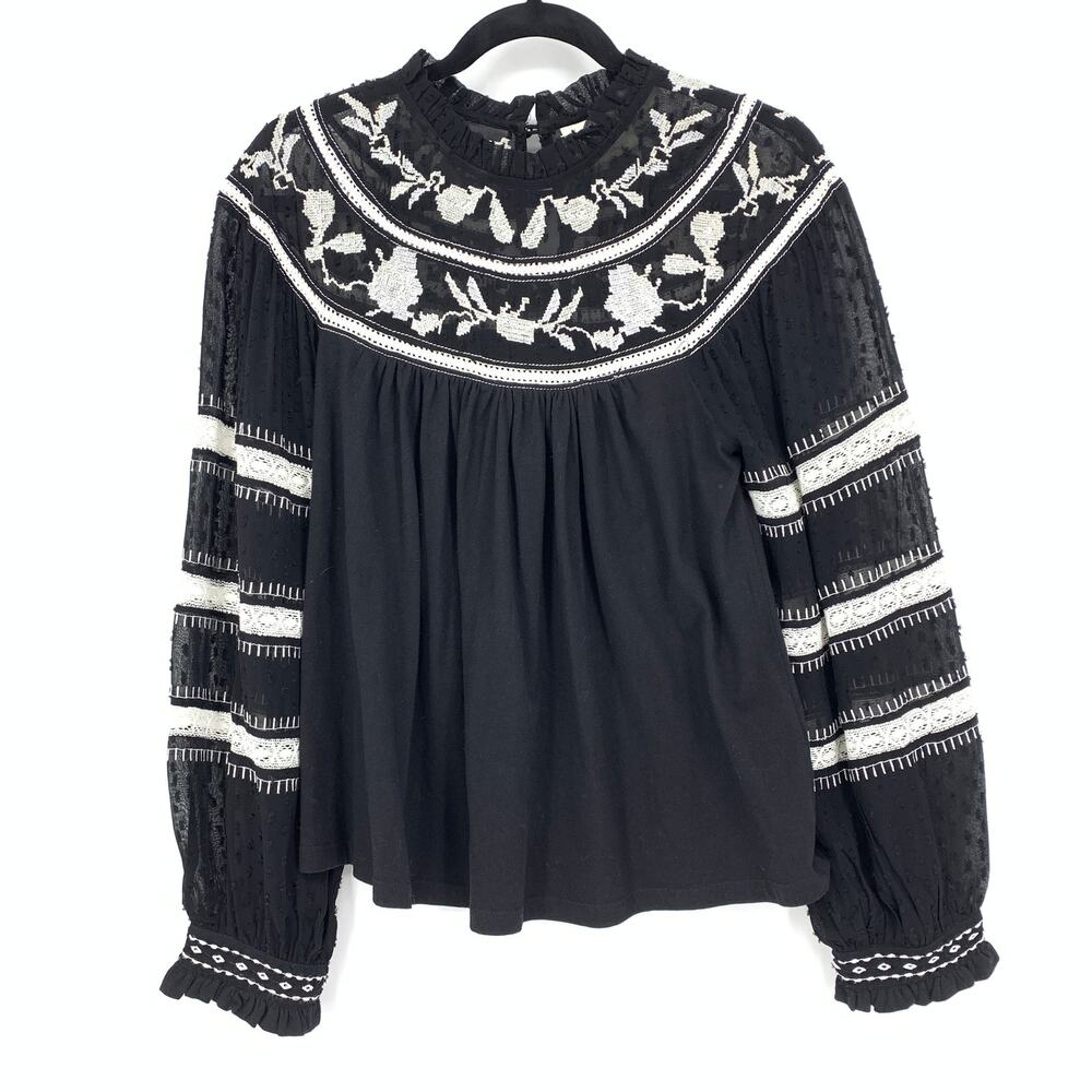 Maeve Top By Anthropologie Women's Size XS Winona Lace Inset Long Sleeve Black